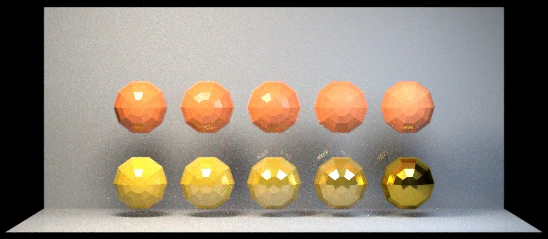 A spectrally rendered material sweep showing colored reflections and illumination