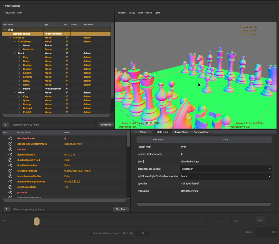 HdRestir running inside usdview with selectable render outputs